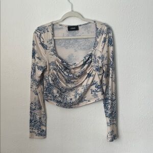 Cider Cream and Blue Patterned Crop Long Sleeve Top